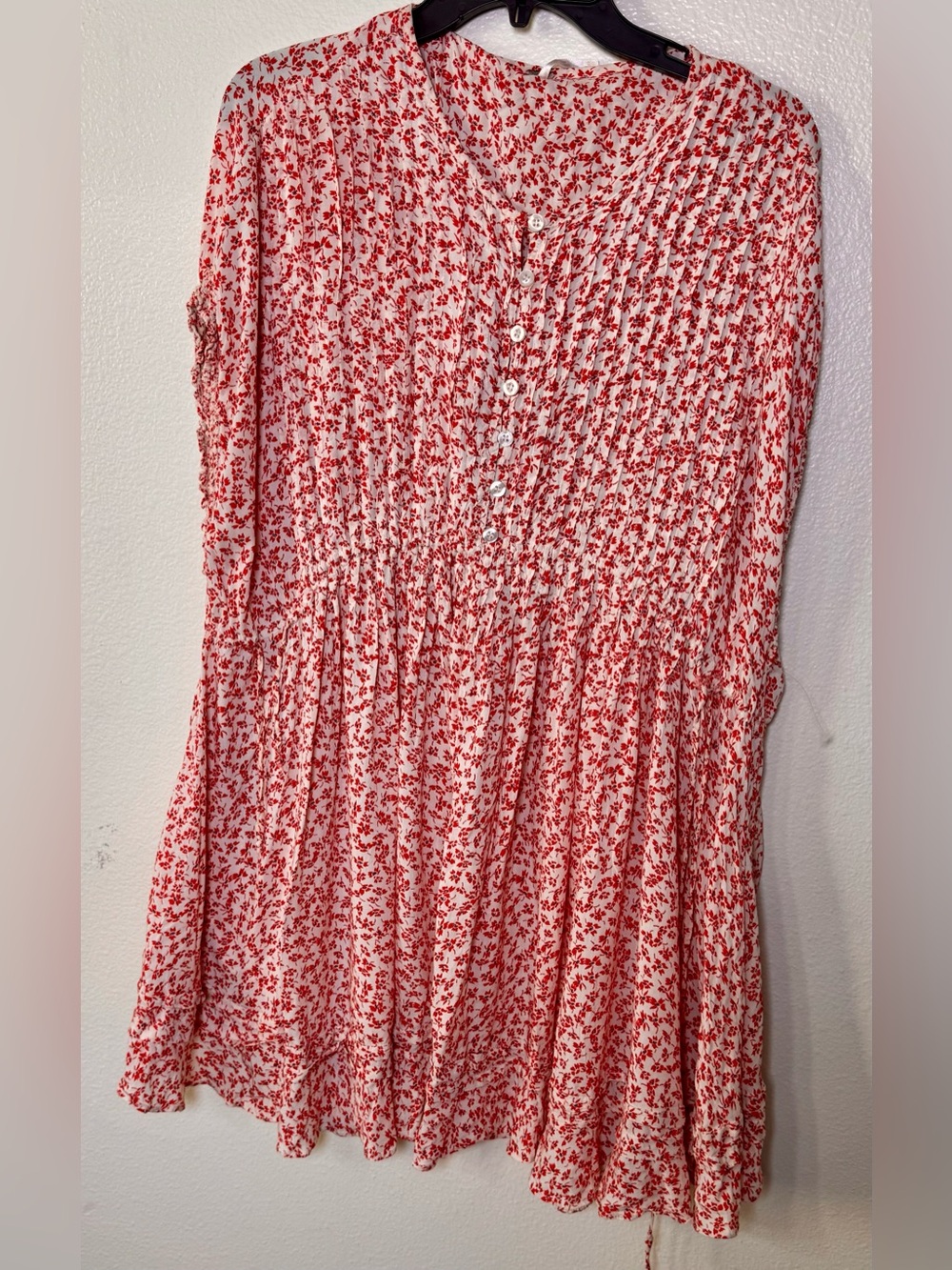 Free People Red Floral Smocked Waist Button Front Mini Dress xs